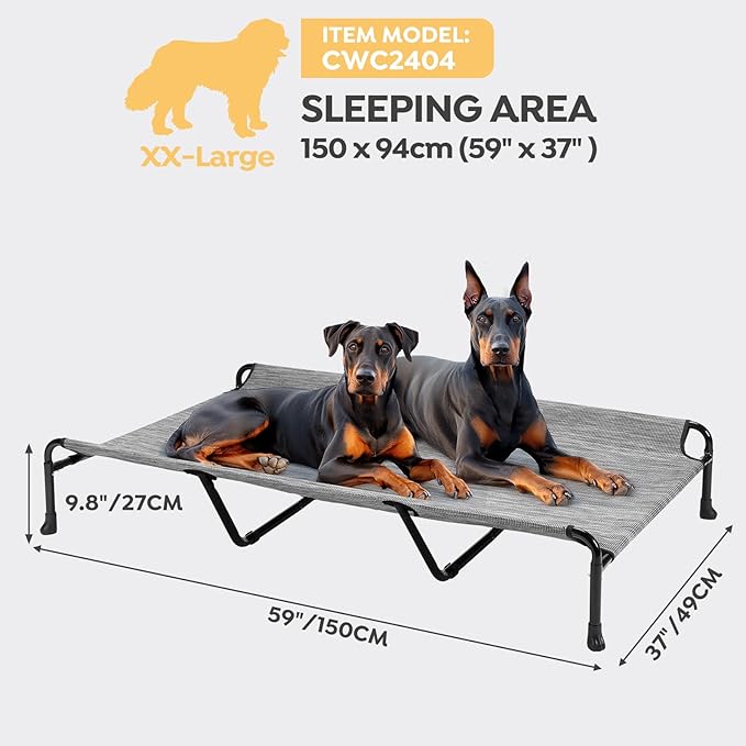 Veehoo Elevated Dog Bed, Raised Dog Cots for Large Dogs, Waterproof Outdoor Dogs Bed, Cooling Pet Hammock with Guardrail, Upgraded Non-Slip Feet, Breathable Teslin Mesh, Black Silver, 59x 37 inches