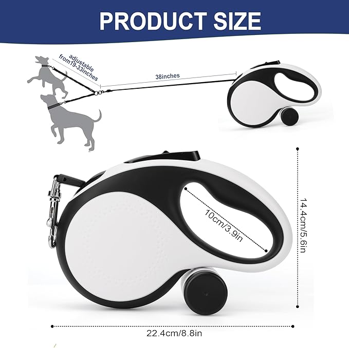 Dual Retractable Dog Leash for 2 Medium Dogs (Up to 66LBS Each) - Double Headed Pet Leash with Poop Bags and LED Light, One Button Brake & Lock, 360 Tangle-Free (White, Medium)