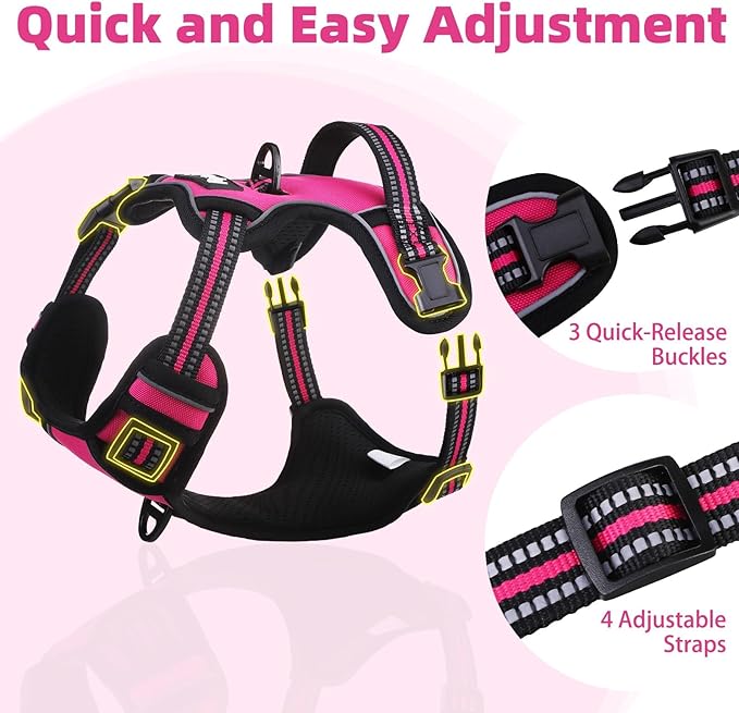 PUPTECK No Pull Dog Harness Medium Sized, Adjustable Reflective Dog Harness with Handle Easy Control, Comfortable Soft Padded Pet Vest Harness for Medium Dogs, Fuschia M