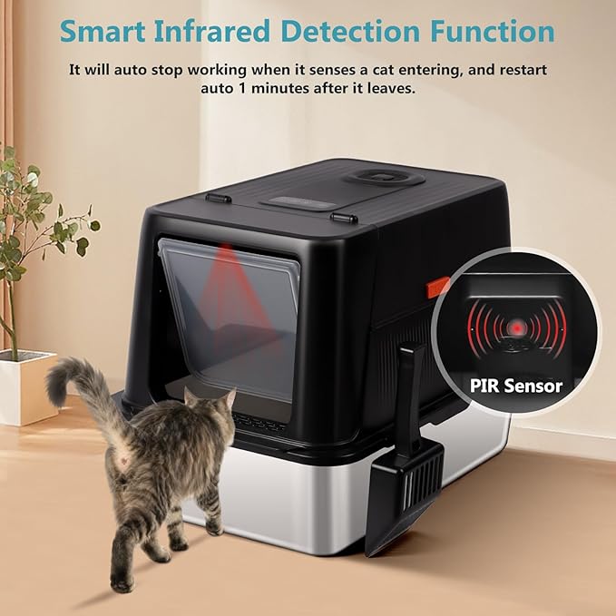 Stainless Steel Litter Box，XXL Enclosed High Sided Litter Box with Scoop for Big Cats, Non-Sticky, Anti-Leakage, Odor Control, Easy Clean (Black)