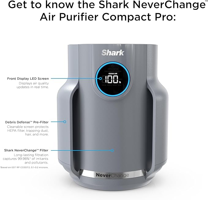 Shark Air Purifier for Home, NeverChange Compact Pro, for Bedroom, Nursery, Home Office, Dorm, HEPA-Exceeding Filter, Captures Pollutants, Pet Dander, Dust, Odor, Smoke, and More, HP071BRN, Winter Fog