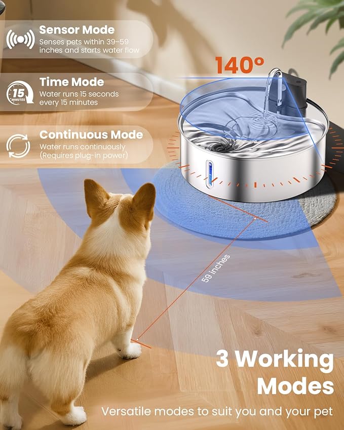 Wireless Dog Water Fountain for Large Dogs, 12L/3.2Gal Stainless Steel Dog Fountain Water Bowl with Sensor, Quiet Pump BPA-Free Automatic Water Dispenser for Cats Dogs Pets