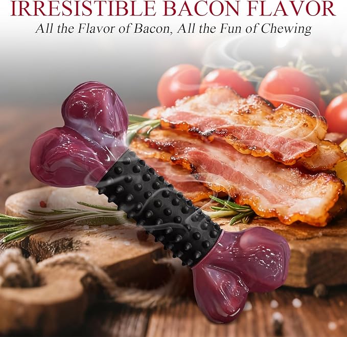 Apasiri Dog Toys for Aggressive Chewers with Bacon Flavor: 8" Indestructible Chew Bones for Large Breeds, Tough Nylon & Rubber Dog Toys Keep Them Busy, Interactive Play - 2-Pack