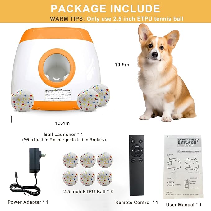 Large Automatic Dog Ball Launcher with 6 Tennis Balls (2.5"), Dog Ball Thrower for Medium & Large Dogs, 3 Adjustable Distance 26-78FT, Remote Control Launcher for Outdoor