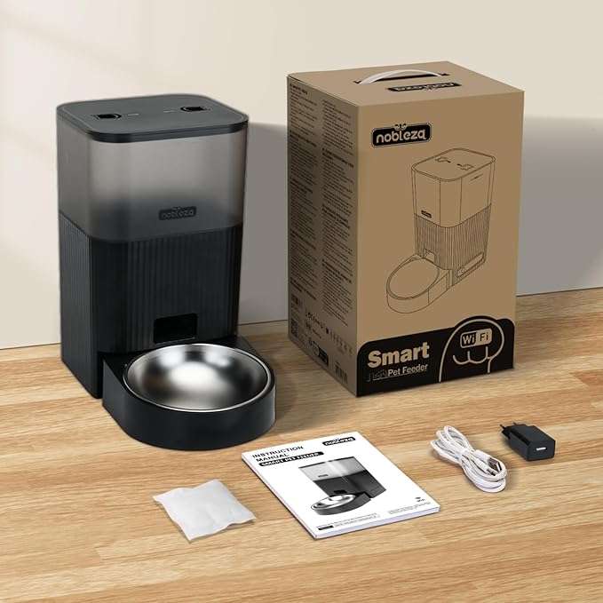 Nobleza Automatic Cat Feeder, WiFi 4.2qt Large Container Automatic Dog Feeder Dispenser with Slow Feeding Sensor, Easy Setup with Dual Power Safety Material Cat Food Dispenser