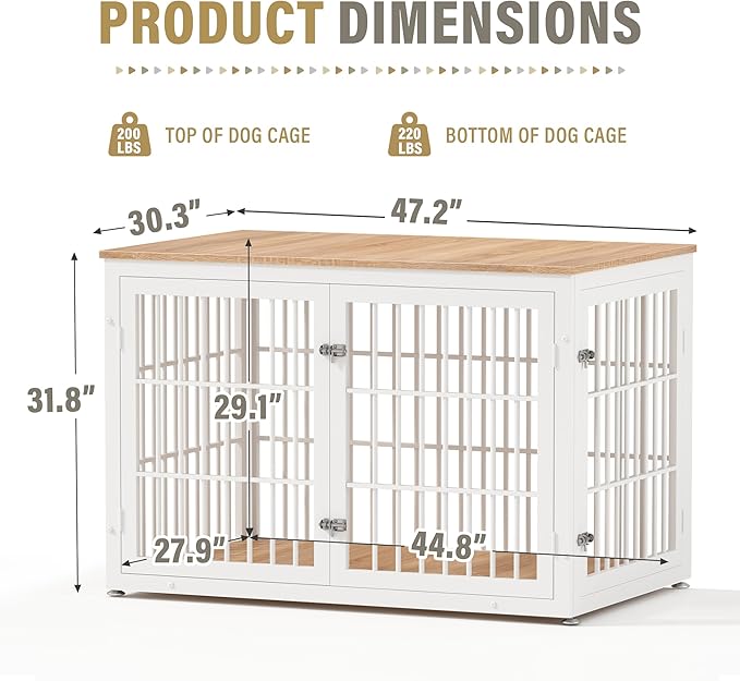 48 Inch Heavy Duty Dog Crate Furniture for Large Dogs, Decorative Pet House End Table, Extra Large Wooden Cage Kennel Furniture Indoor, Natural and White