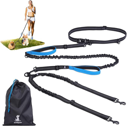 SparklyPets - Hands Free Double Dog Leash - Dual Dog Leash for 2 Small Dogs - with Padded Handles, Reflective Stitches - No Pull, Tangle Free, for Walking, Hiking, Canicross - for Small Dogs