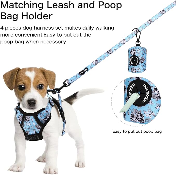 Petmolico No Pull Dog Harness Set with Leash Attachment Easy Control Handle Reflective Harness Vest Small Breed, Puppy Vest and Leash Set with Poop Bag Holder, Small - White Rose