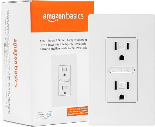Amazon Basics Smart In-Wall Outlet, Works with Alexa Only, 15 Amps, 2.4 GHz Wi-Fi, No Hub Required, White
