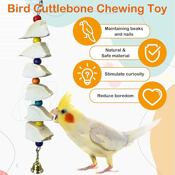 3 Pack Bird Chewing Toy Cuttlebone Parrot Toy with Bell Hanging Bird Beak Grinding Stone Parakeet Cage Accessories for Small & Medium Budgies Lovebirds Cockatiels (Block, 6 Per Skewer)