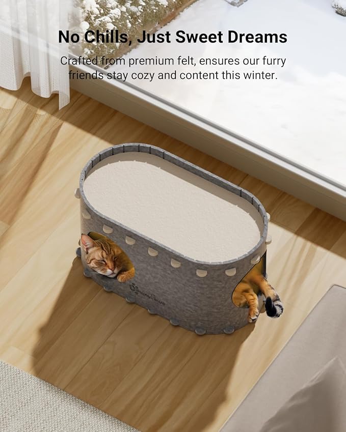 DownyPaws Cat House for Indoor Cats, Cat Bed Cave for Multiple & Large Cats Up to 22 Lbs, Scratch Resistant, Foldable Peekaboo Kitten Caves Tunnel Enclosed Bed, PeekaPurr, Light Gray