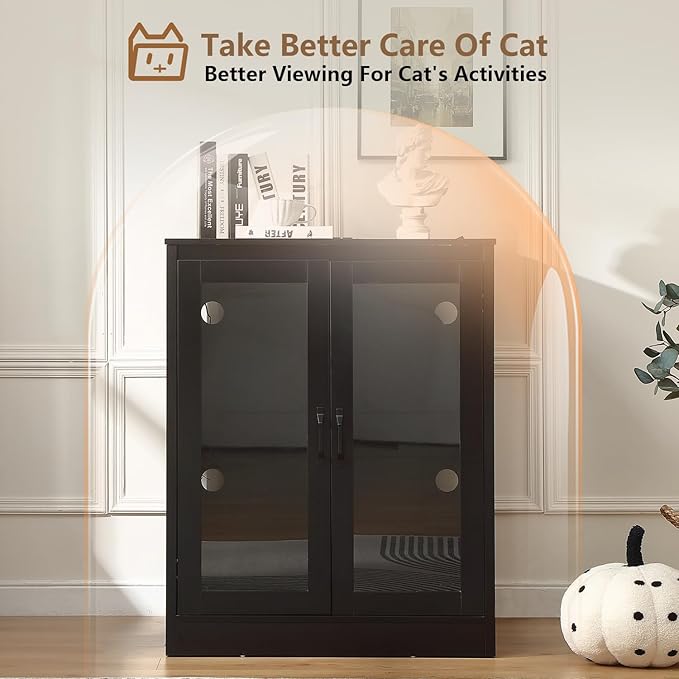 Cat Litter Enclosure with Cat-Observant Glass Doors,Litter Box Cabinet with Cozy LED for Cats,Reversible and Optional Entry(Left or Right),Power Outlet for More Choice,Black