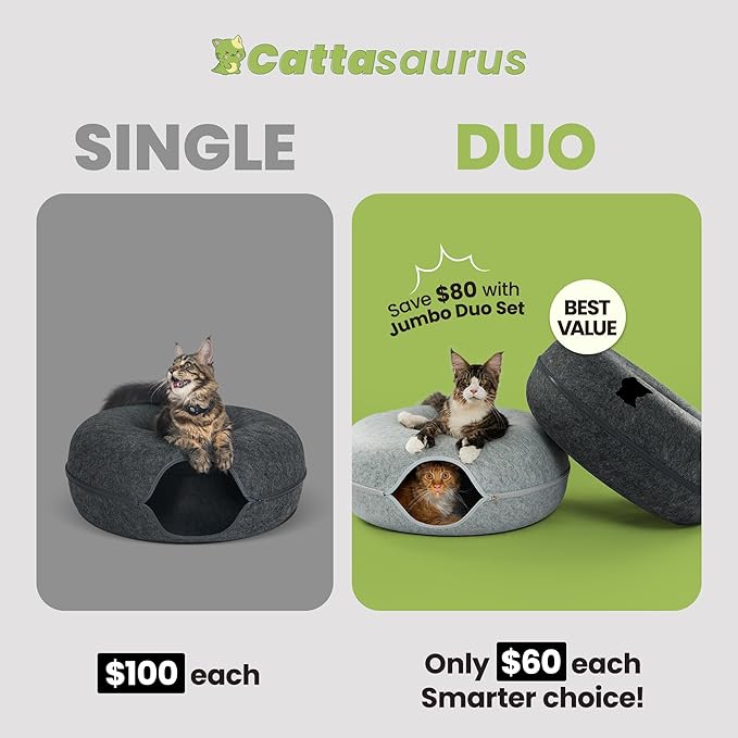 Cattasaurus Peekaboo Cat Cave Duo Jumbo Set, Extra Spacious Cat Donut for Multiple & Large Kitty 15+ lbs, Scratch Detachable Cat Beds for Indoor Cats, Washable Cat Tunnel Bed, Best Kitten Toys