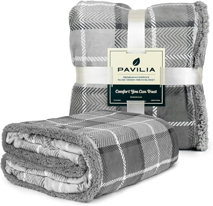 PAVILIA Waterproof Blanket for Couch, Sofa | Waterproof Dog Blanket for Large Dog, Puppy, Cat | Pet Blanket Protector | Plush Soft Warm Fuzzy Sherpa Blanket Bed Throw, Plaid Light Grey, 60x80