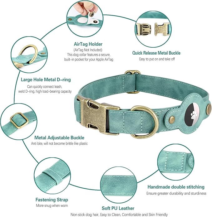 AirTag Dog Collar for Medium Dogs - Soft Leather Dog Collar with Apple AirTag Holder and Metal Buckle - Smart Tracker GPS Apple Air Tag Pet Collars (Green, M)