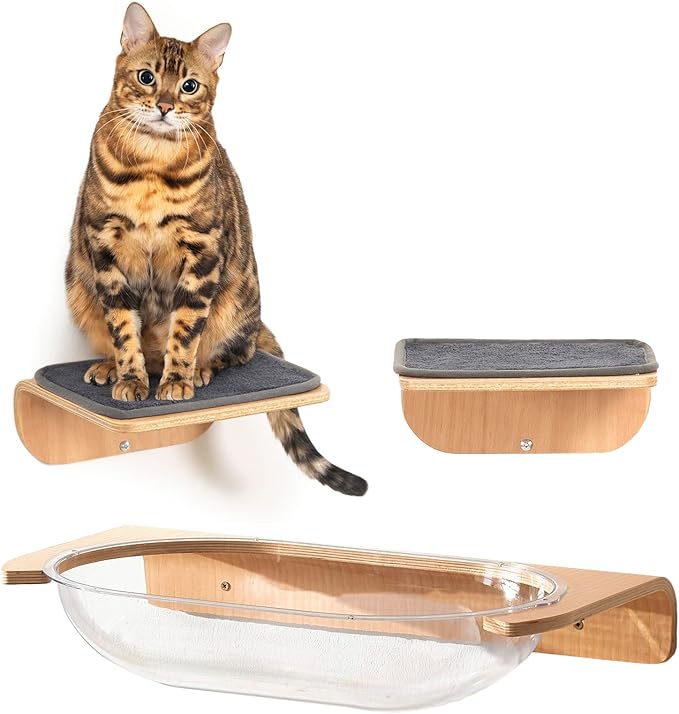 Cat Wall Shelves for Cat Wall Steps, Perch, Ladder, Wooden Floating Modern Mounted Space Saving Furniture with Scratching Cushion Removal Cover for Climbing, Jumping and Sleeping(Steps & Space Bed)