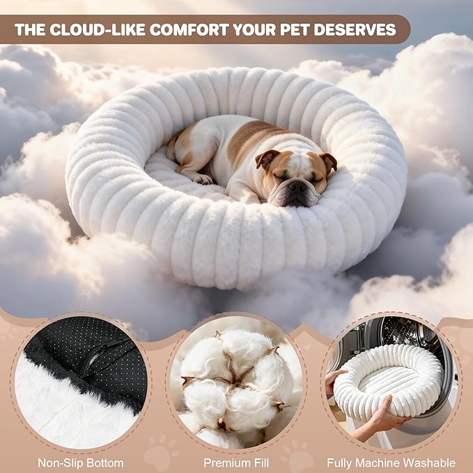 Self Warming Pet Bed, Donut Dog Bed for Small & Medium Dogs, Self-Heating Pet Bed with Non-Slip Bottom, Winter Comfort Dog Beds for Puppies, Washable & Portable Egg Tart Shape (M)