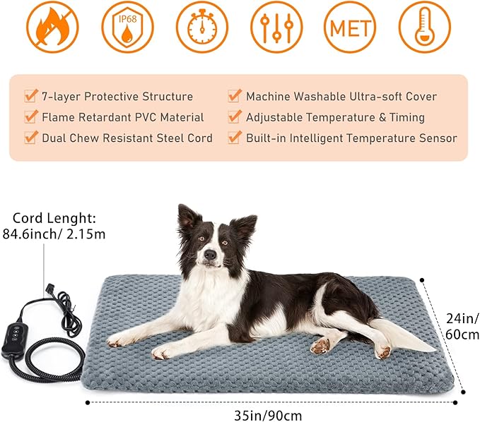 INVENHO Pet Heating Pad, Waterproof Adjustable Temperature Dog Cat Heating Pad with Timer, Indoor Pet Heated Pad for Cats Dogs Electric Pads for Dogs Cats, Pet Heated Pad (L: 35" x 24")