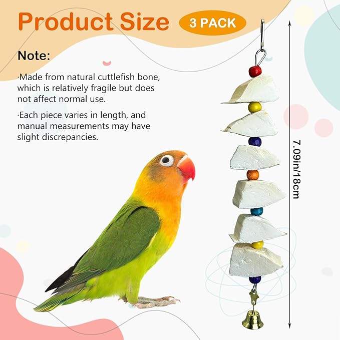 3 Pack Bird Chewing Toy Cuttlebone Parrot Toy with Bell Hanging Bird Beak Grinding Stone Parakeet Cage Accessories for Small & Medium Budgies Lovebirds Cockatiels (Block, 6 Per Skewer)