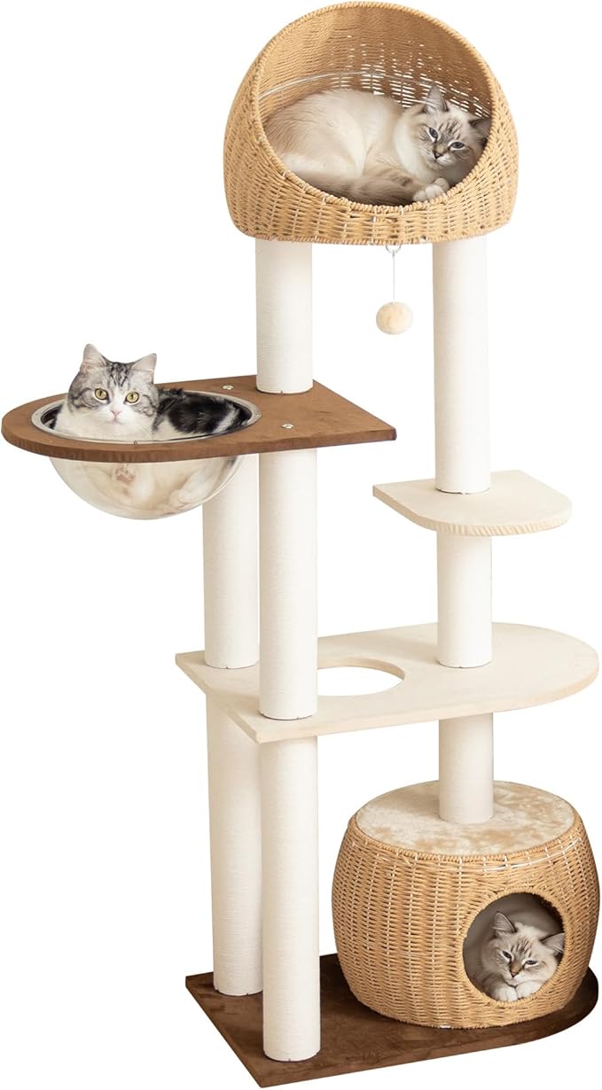 Wood Cat Tree for Large Cats, Modern Indoor Cat Tower with Basket Beds, Cat Condo & Clear Hammock, Multi-Level Wooden Cat Furniture for Home Living Room Decor (Particle Wood)