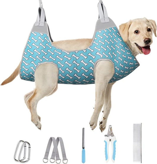 Supet Dog Grooming Hammock Harness for Dogs Cats, Relaxation Pet Nail Clipper Hammock, Restraint Dog & Large Animal Leashes Sling for Groomingk for Nail Trimming (Coral Blue, 2XL)