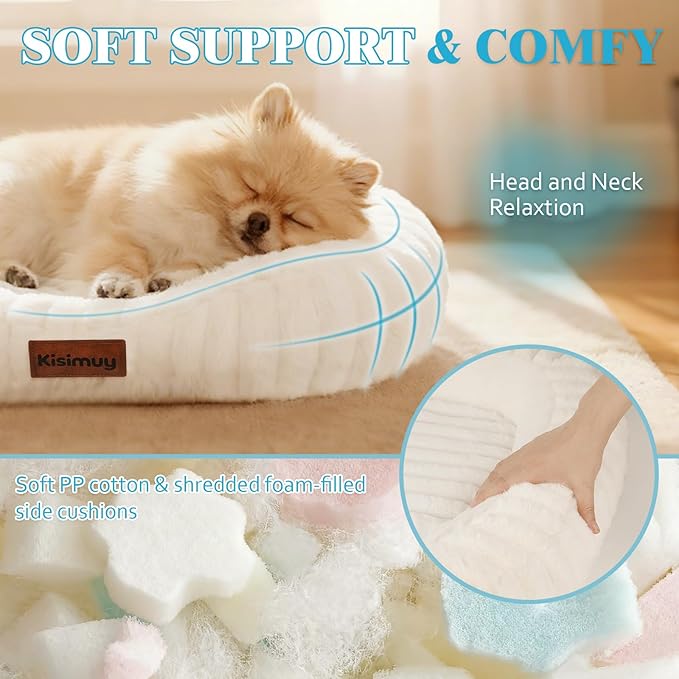 Cute Washable Dog Bed for Small Medium Dogs, Orthopedic Plush Rectangle Anti-Anxiety Dog Bed, Medium Calming Bolster Puppy Bed with Durable Removable Zipper Cover&Anti-Silp Bottom, 30in, Cream