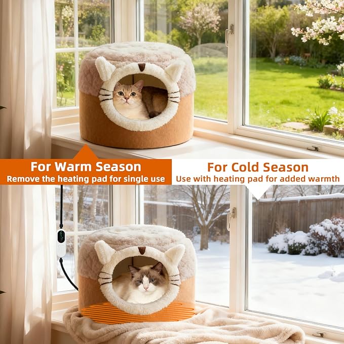 YUEPET 2-in-1 Heated Cat Bed,Electric Warming Pet Cave Tent & Cuddler with Timer & Temp Adjustable，Foldable Heated Bed for Indoor Cats with Removable Heating Pad,Machine Washable Pet Hideaway