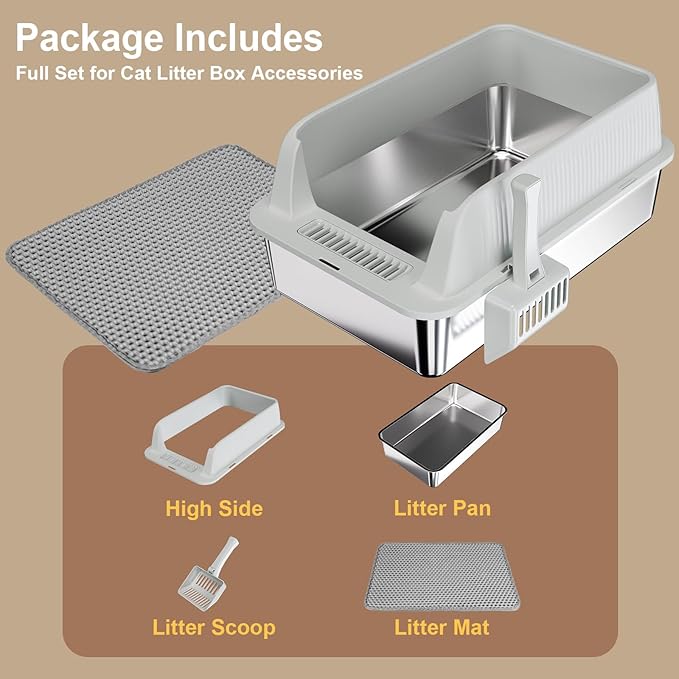 TENTIZON Stainless Steel Cat Litter Box with Lid, Open Top Large Metal Kitty Litter Pan with High Side, Litter Mat, Scoop for Indoor Cats, Kitten, Multi-Cats Home, Odor Control, Leak Proof, Easy Clean