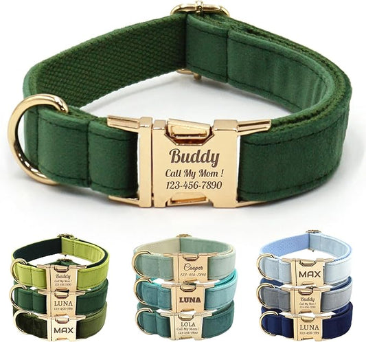 Velvet Personalized Dog Collar with Name - Customizable Dog Collar with Quick Release Metal Buckle - Leash and Bow Tie Available (Dark Green, L)