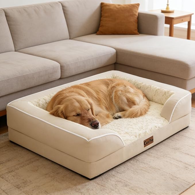 Orthopedic XXL Dog Beds, Waterproof Memory Foam Big Pet Bed for Extra Large Sized Dogs 53x42Inch, Non-Slip Bottom and Egg-Crate Foam Dog Couch Bed with Washable Removable Cover, Beige