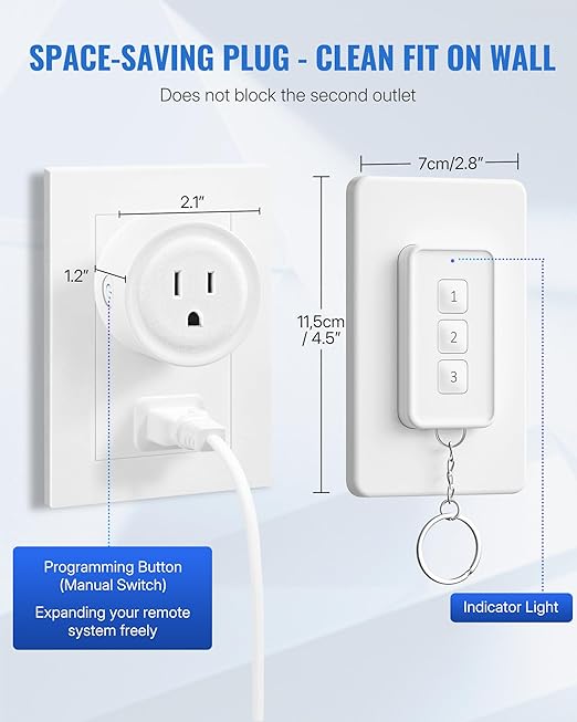 Mini Remote Control Outlet, WILAWELS Wireless Light Switch with Magnetic Base, On Off Remote Outlet Switch for Lights, Lamps, 100ft RF Range, 10A/1250W, Expandable, 1 Remote for 3 Plugs W14RC1306
