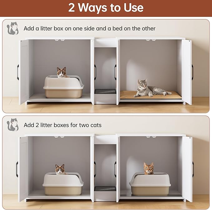 55" Cat Litter Box Enclosure, Double Litter Box Cabinet with Cat Bed, PVC Pad and Scratch Pad, Hidden Litter Box Furniture for 2 Cats with Storage and 2 Entrances, White