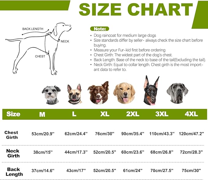 Dog Raincoats for Large Dogs with Hood, Waterproof Dog Rain Coat with Adjustable Built-in Harness & Back Zipper, Reflective Strip, for Rainy Walks, Muddy Roads - Fluorescent Green L