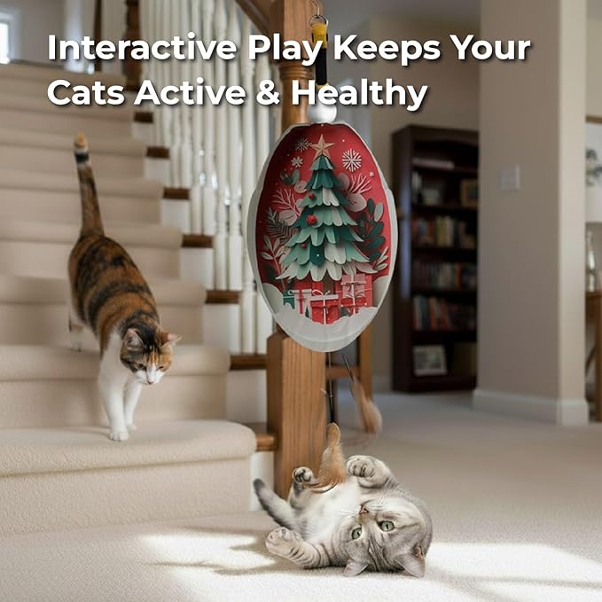Interactive Cat Toys for Indoor Cats, Automatic Concealed Hide and Seek Hanging Feather Cat Toy, Rechargeable Motion-Activated Enrichment Toys for Bored Adult Cats (Christmas Tree Pattern）