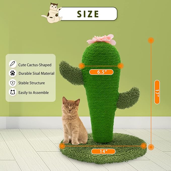AUSCAT Cat Scratching Post, Cute Cactus Scratching Post, Nature Sisal Cat Scratcher for Indoor Cats and Kittens