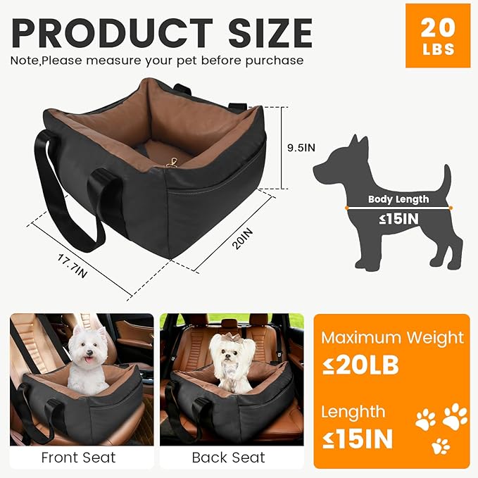Dog Car Seat for Small Dogs, Large Leather Dog Car Bed with Storage Pocket, Waterproof PVC Leather Booster Seat Travel Bed for Front & Back Seat, Clip-On Safety Leash (Black/Brown)