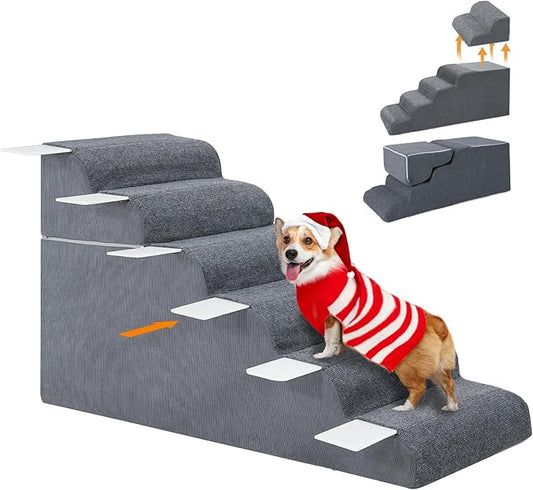 6-Steps Dog Stairs for High Bed and Couch, Wider Pet Stairs for Small Old Large Dogs Cats,30°Steady Non-Slip Dog Steps, Washable Dog Ramp with Removable Cover, PE Boards