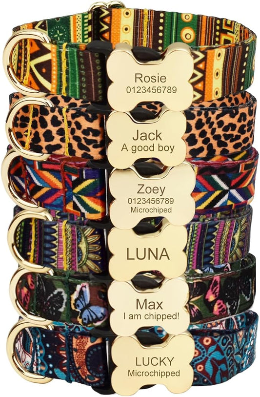 Personalized Dog Collar with Bone Buckle – Custom Name & Phone Number Engraved, Adjustable Quick Release for Small to Large Dogs (Ethnic Style)
