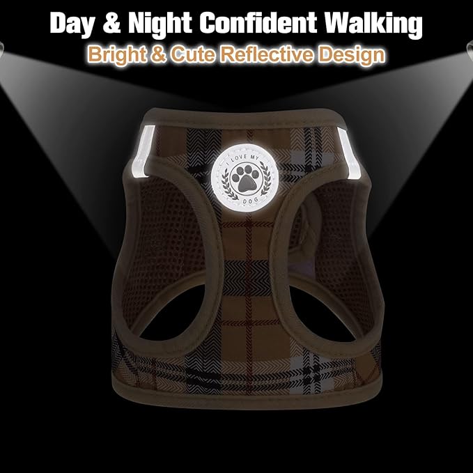 BEAUTYZOO Small Dog Harness and Leash Set,Step in No Choke No Pull Soft Mesh Dog Harnesses Reflective for Extra-Small/Small Medium Puppy Dogs and Cats, Plaid Dog Vest Harness for XS S Pets, Beige XL