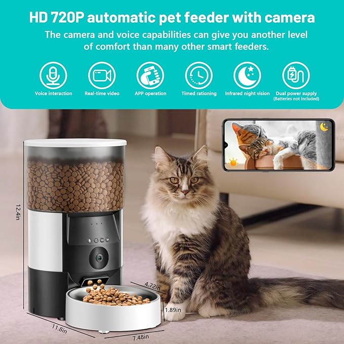 Ducksky Automatic Cat Feeder with Camera, 2.4Ghz WiFi Timed Dog Food Dispenser with APP Control, 3L Auto Dry Food Feeders for Pets with HD Video, 1-8 Meals/Day, 10s Voice Recorder (Camera and WiFi)
