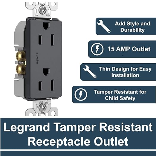 Legrand radiant 885TRGCC12 15 Amp Tamper Resistant Decorator Duplex Outlet, Side Wire or Push Wire, Graphite (1 Count)