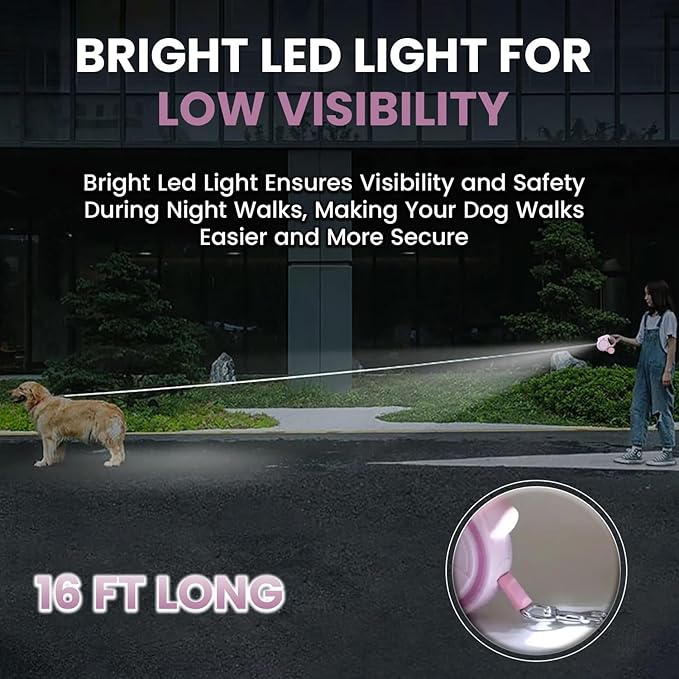 Retractable Dog Fancy Leash with Flashlight and Dispenser, 16 ft Dog Retractable Leash is Perfect for Safe and Comfortable Walking with Your Pet - Suitable for Small Medium Large Dogs (Pink)
