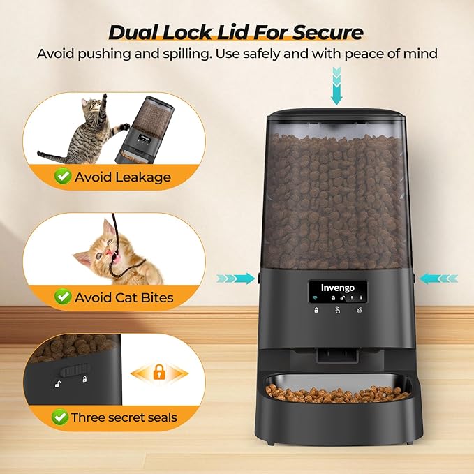 Cat Feeder Automatic - Cat Food Dispenser MeowServe S20, Auto Dog Feeder with Stainless Steel Bowl, 5L Pet Feeder with Patented Anti-Jam Port, App, Dual Lock Lid, Dual-Band WiFi & Power Supply