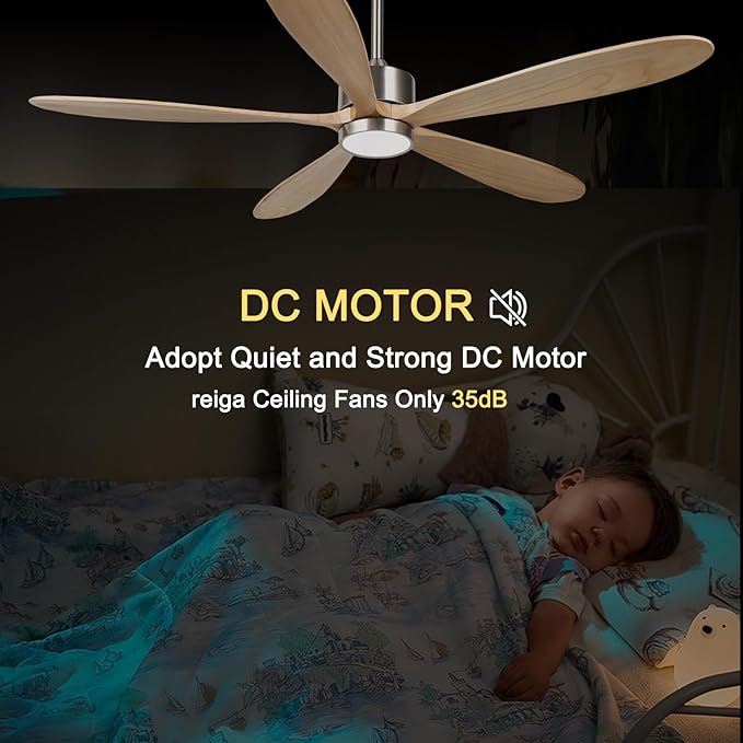 reiga 60 Inch Large DC Motor Outdoor Ceiling Fan with Dimming LED Light Kit, Alexa, Google Home, App and Remote Control, 5 Natural Wood Propeller Blades for Patio Garage Farmhouse and Porch