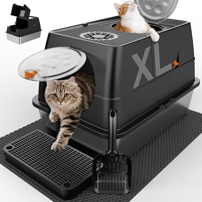 Stainless Steel Litter Box with Lid, XL Extra Large Litter Box, Enclosed Top Entry Metal Litterbox for Big Cat, Easy Cleaning, Less Leakage & High Sided with Mat, Aisle & Scoop Black