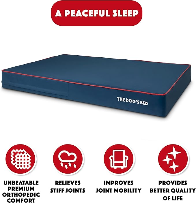 The Dog’s Bed Orthopedic Cooling Memory Foam Dog Bed, XXL Blue & Red Trim, Pain Relief for Arthritis, Hip & Elbow Dysplasia, Post Surgery, Lameness, Supportive, Washable Cover, Veterinary Approved