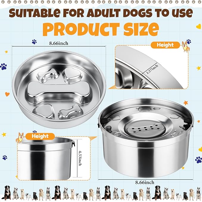 Vesici Slow Feeder Bowls Set 3.2L No Spill Water Bowl and 2 Cups Stainless Steel Dog Slow Feeder Food Bowl Puppy or Cat Food Holder Dishwasher Pet Supplies