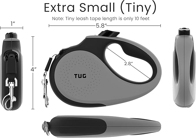 TUG Tiny 360° Tangle-Free Retractable Dog Leash with Anti-Slip Handle | 10 ft Nylon Tape | One-Handed Brake, Pause, Lock (Grey)