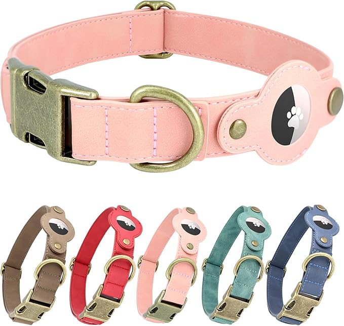 AirTag Dog Collar for Small Dogs Puppy - Soft Leather Dog Collar with Apple AirTag Holder and Metal Buckle - Smart Tracker GPS Apple Air Tag Pet Collars (Pink, S)