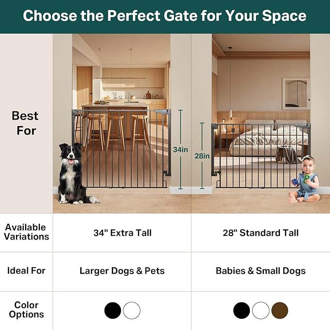 Cumbor 34" Extra Tall No Bottom Bar Baby Gate for Stairs, Wall Mounted Dog Gate Indoor for Larger Pets, Expandable 29.2-43" Safety Gate for Doorways, Wide Walk Thru Door for Easy Access (Black)